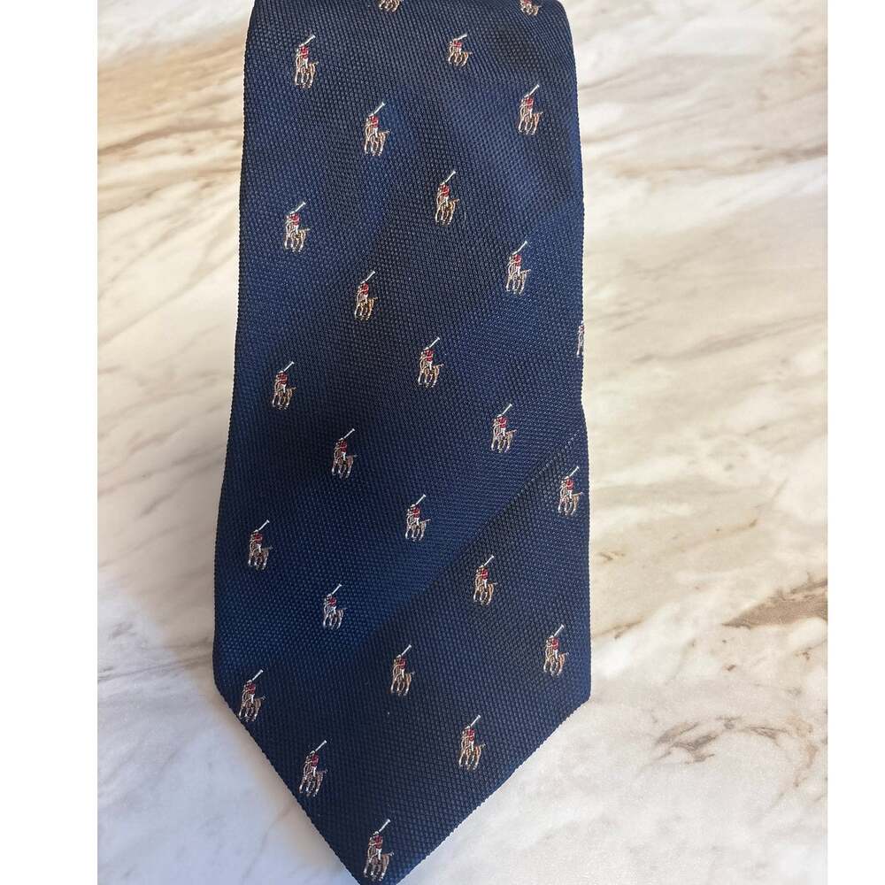 Vintage Polo Ralph Lauren Silk Tie Navy Blue All Over Pony Logo Italy 3.75"
